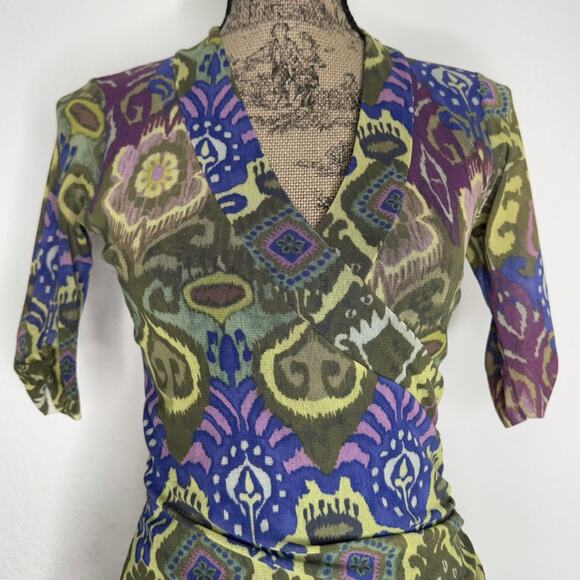 NWT $99 Weston Wear Green Multicolor Ikat Boho Patterned Mesh Top Women’s Small - Picture 2 of 6